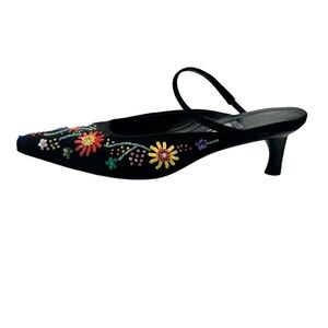 FERRAGAMO BLACK VELVET W MULTICOLOR FLORAL BEADED DESIGN KITTEN HEEL MULE